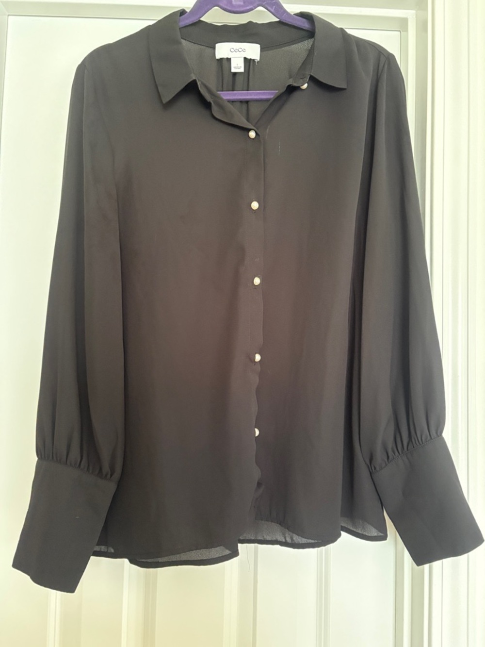 CeCe Black Pearl-Button Long Sleeve Blouse